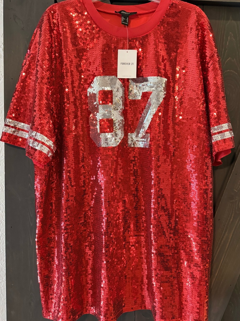 Forever 21 Red Sequin Jersey with Silver '87' Detail - Picture 1 of 3
